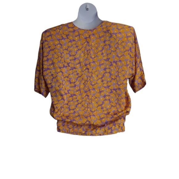 VINTAGE orange floral purple tie front short sleeve‎ blouse M - Picture 2 of 9